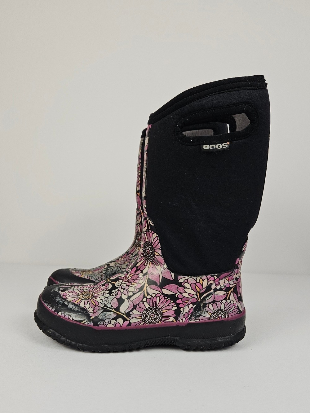 BOGS Kids Floral Rain Boots Waterproof Neoprene Rubber Size 4 Black Pink